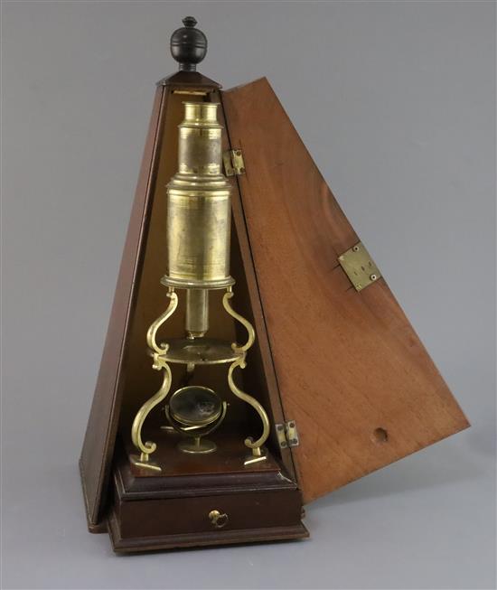 An early 19th century English brass Culpepper-type microscope, height 14in.; case height 17.5in.